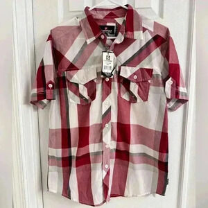 NWT Southpole Short Sleeve Button Down Men’s Shirt - Size Medium - Red and White